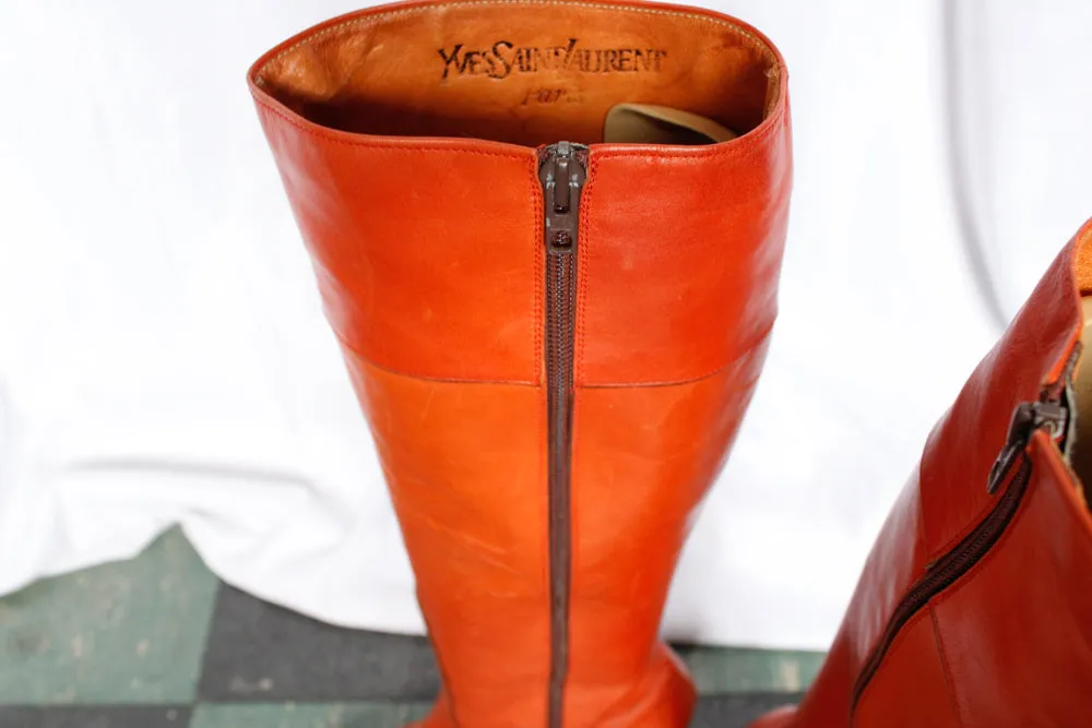 1970s Orange Leather Tall Leather YSL Boots - 8.5M