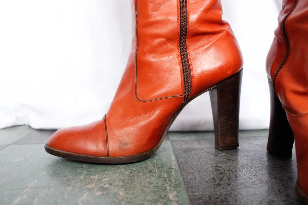 1970s Orange Leather Tall Leather YSL Boots - 8.5M