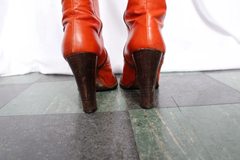 1970s Orange Leather Tall Leather YSL Boots - 8.5M