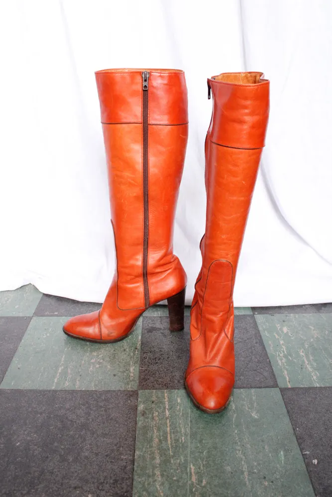 1970s Orange Leather Tall Leather YSL Boots - 8.5M