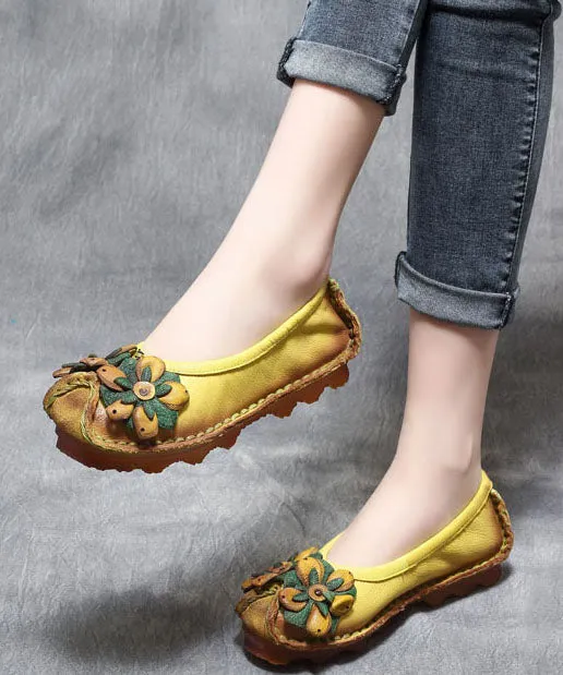 2023 Floral Splicing Flat Shoes Yellow Cowhide Leather LY7602
