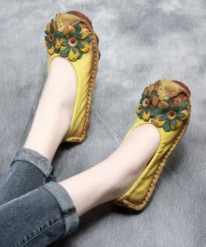 2023 Floral Splicing Flat Shoes Yellow Cowhide Leather LY7602