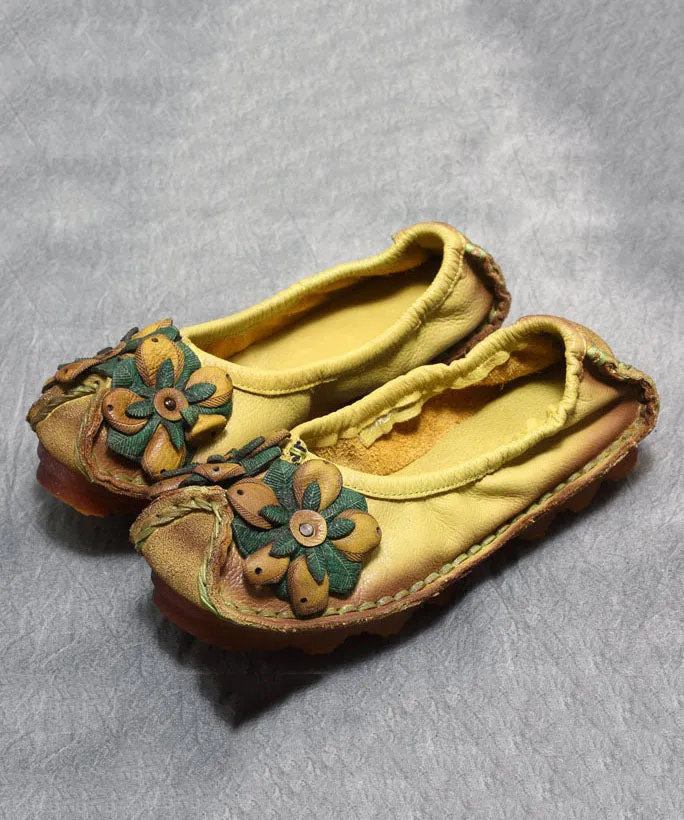 2023 Floral Splicing Flat Shoes Yellow Cowhide Leather LY7602