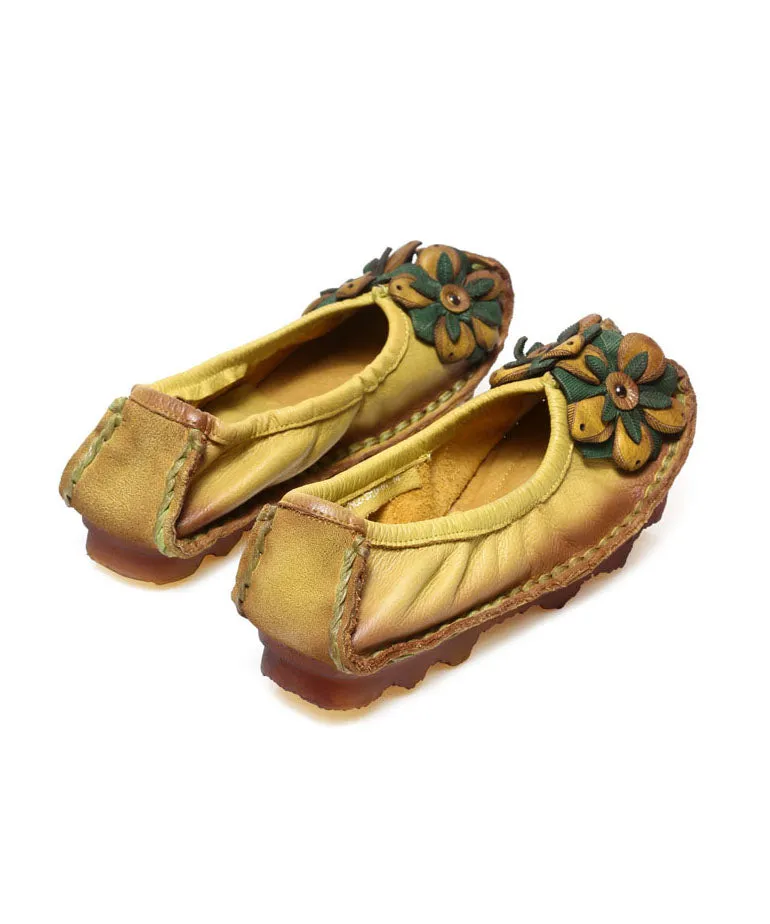 2023 Floral Splicing Flat Shoes Yellow Cowhide Leather LY7602