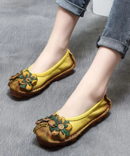 2023 Floral Splicing Flat Shoes Yellow Cowhide Leather LY7602