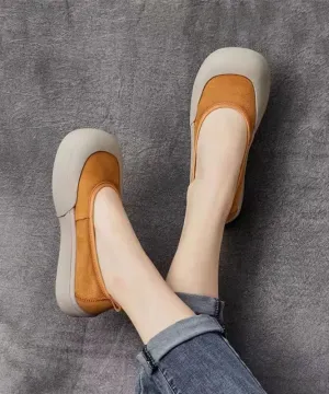 Comfy Yellow Cowhide Leather Women Splicing Flat Shoes LY7585