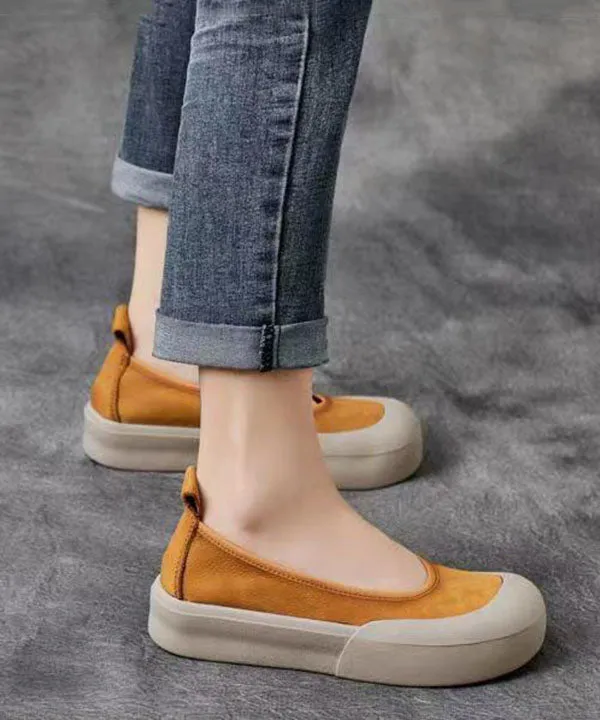 Comfy Yellow Cowhide Leather Women Splicing Flat Shoes LY7585