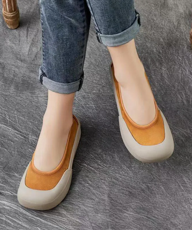 Comfy Yellow Cowhide Leather Women Splicing Flat Shoes LY7585