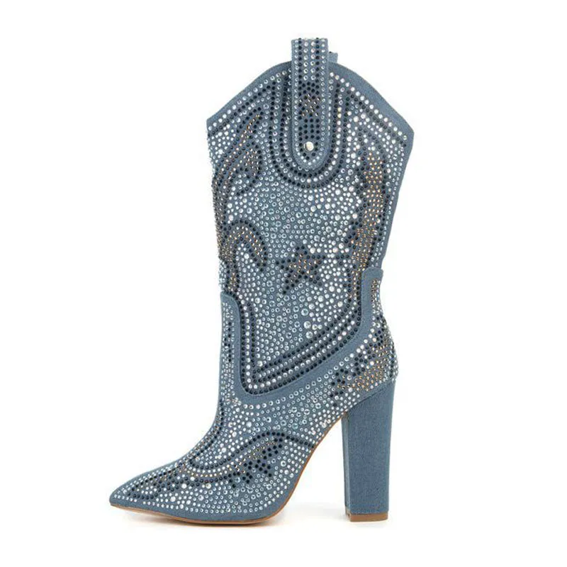 Party Rhinestone Point Toe Chunky Heel Calf Boots