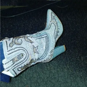 Party Rhinestone Point Toe Chunky Heel Calf Boots