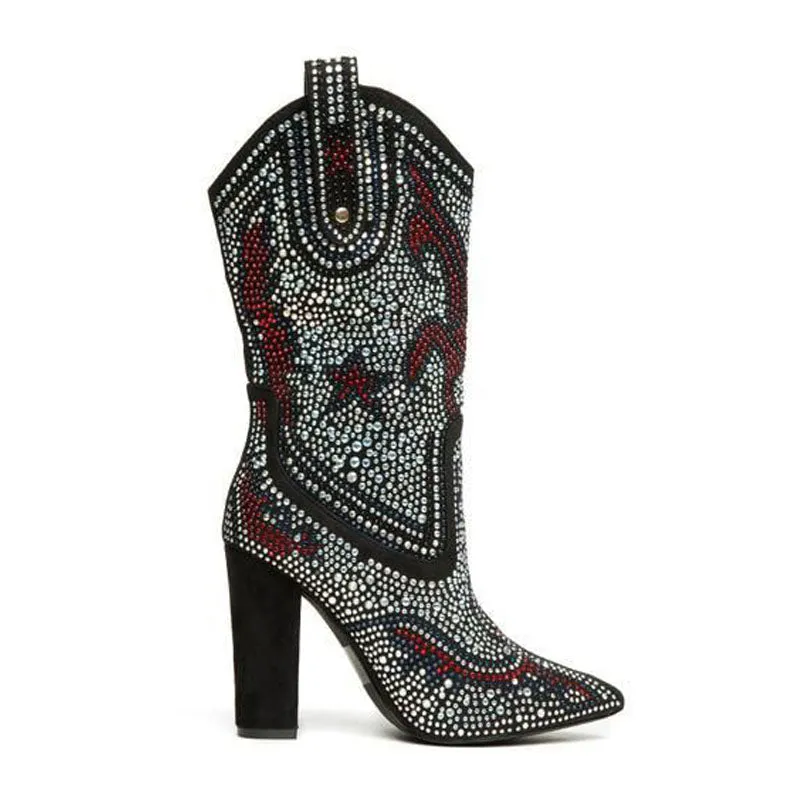 Party Rhinestone Point Toe Chunky Heel Calf Boots