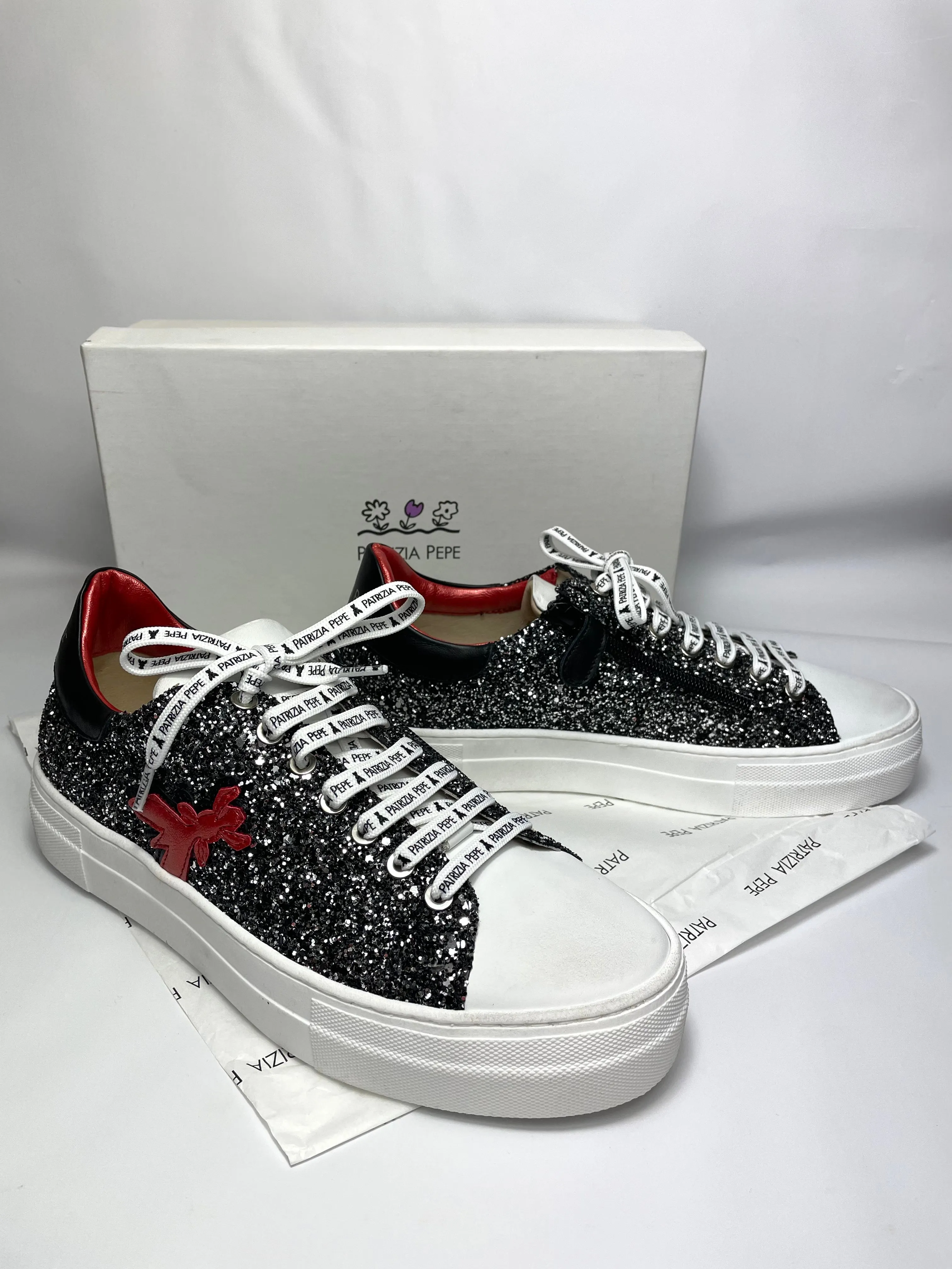 PATRIZIA PEPE Women's Glitter Sneakers in Nero/Silver UK 7/EU 41