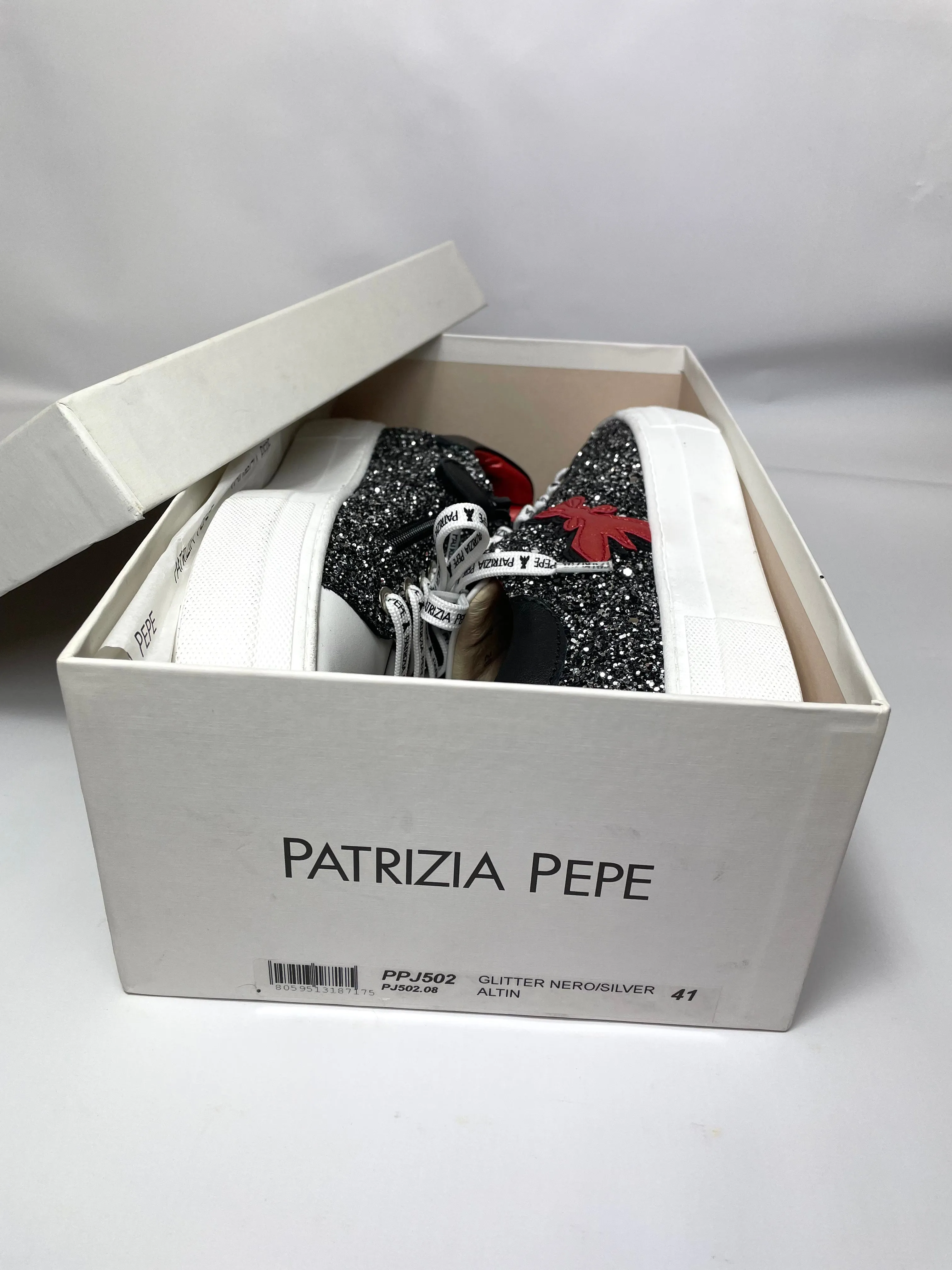 PATRIZIA PEPE Women's Glitter Sneakers in Nero/Silver UK 7/EU 41