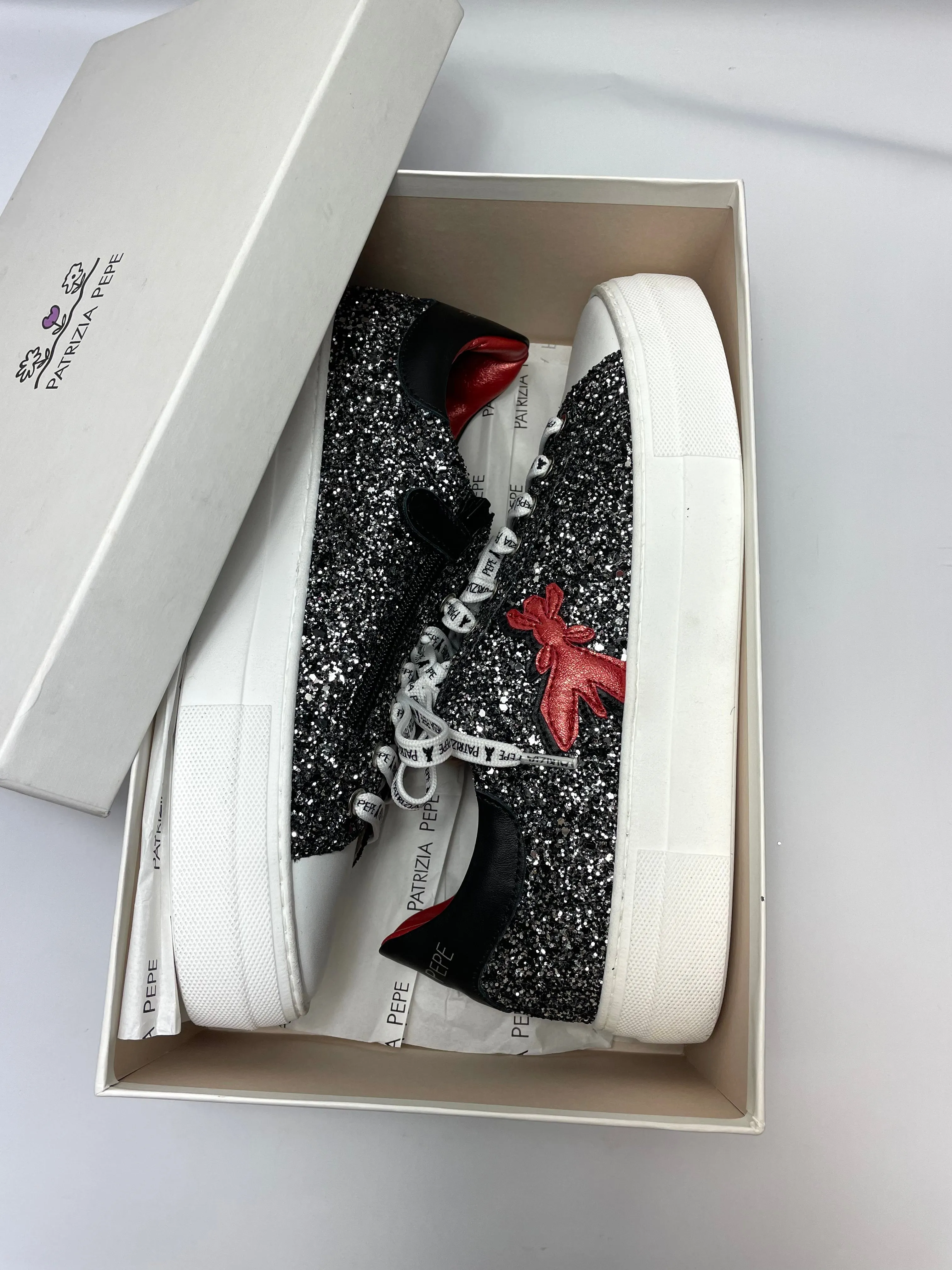 PATRIZIA PEPE Women's Glitter Sneakers in Nero/Silver UK 7/EU 41