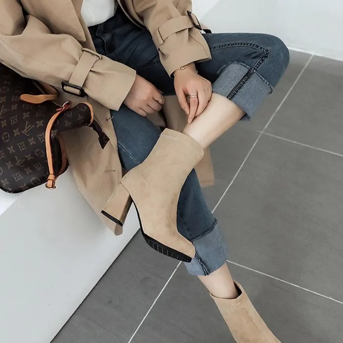 Solid color chunky heel short womens fashion boots