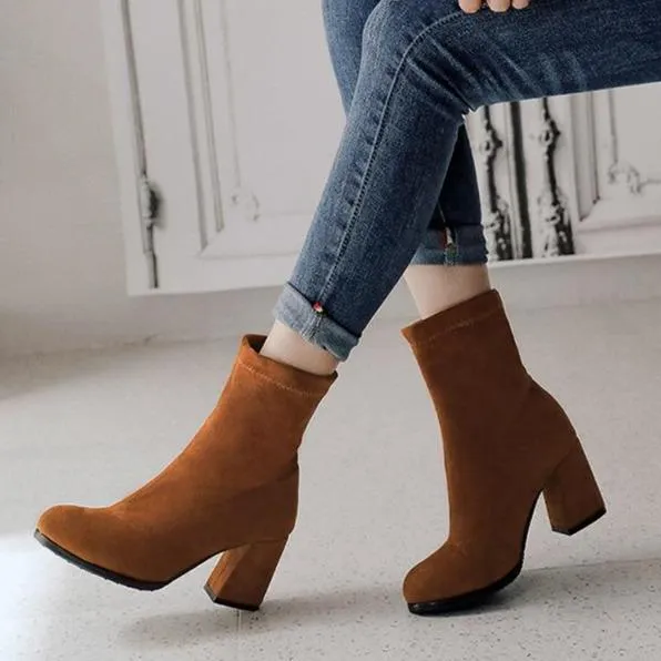 Solid color chunky heel short womens fashion boots