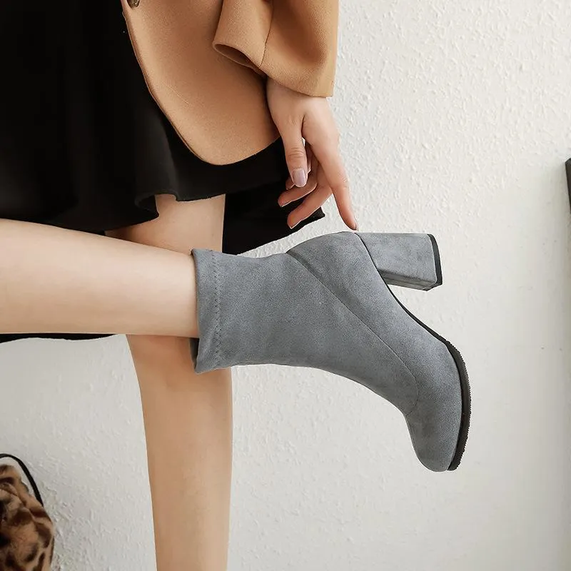 Solid color chunky heel short womens fashion boots