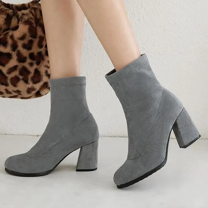 Solid color chunky heel short womens fashion boots