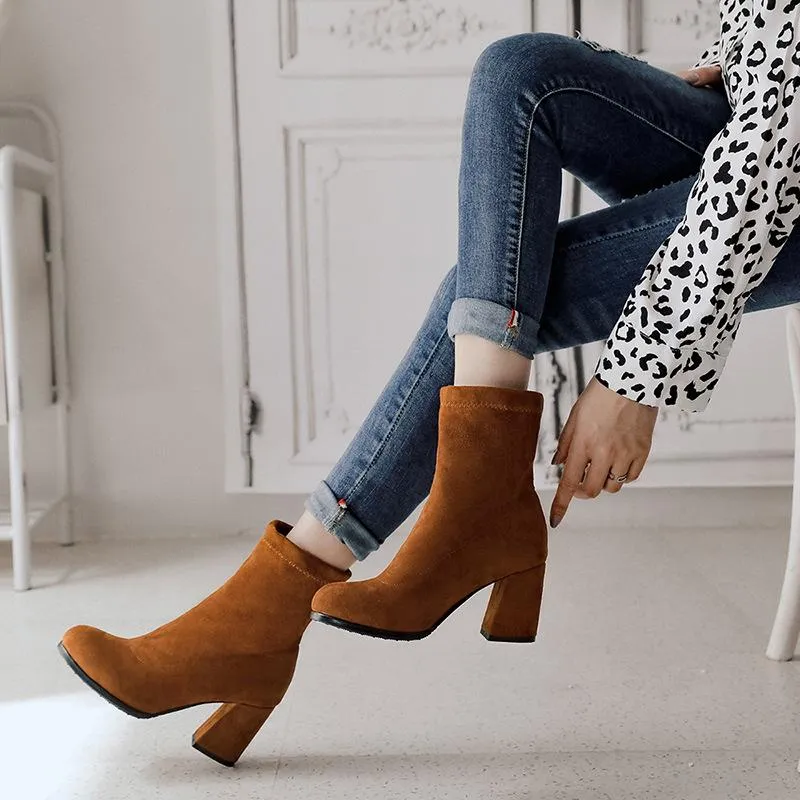 Solid color chunky heel short womens fashion boots