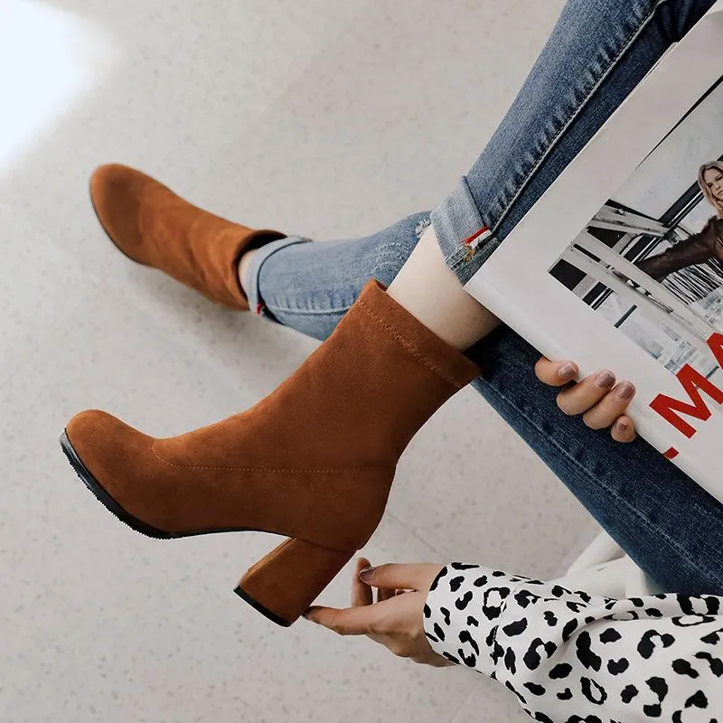 Solid color chunky heel short womens fashion boots