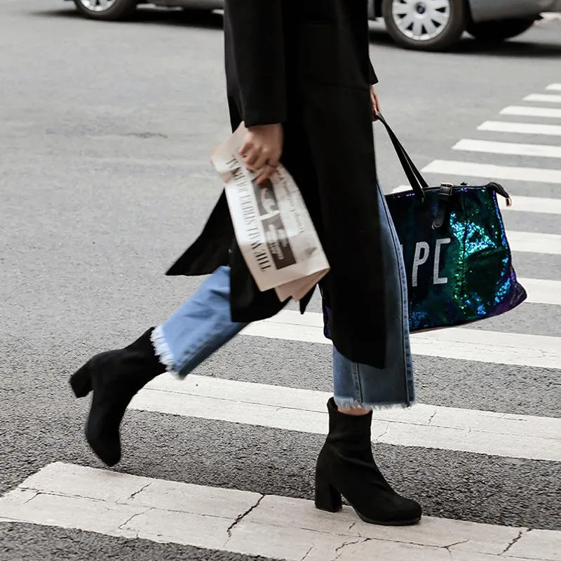 Solid color chunky heel short womens fashion boots