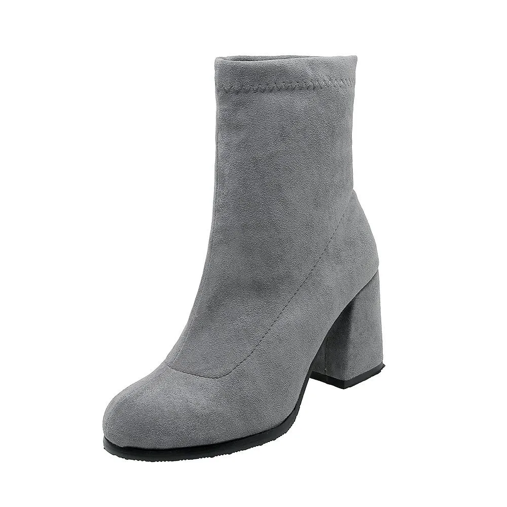 Solid color chunky heel short womens fashion boots