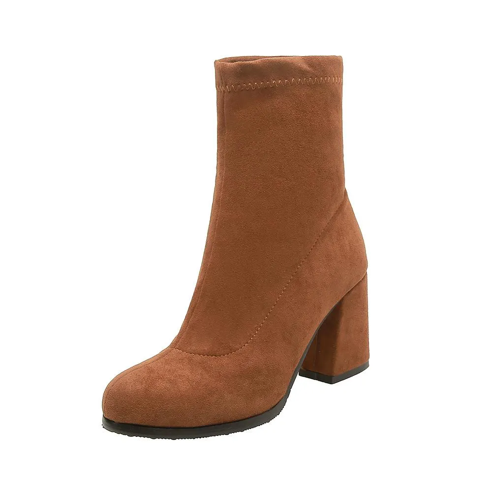 Solid color chunky heel short womens fashion boots