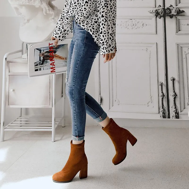Solid color chunky heel short womens fashion boots
