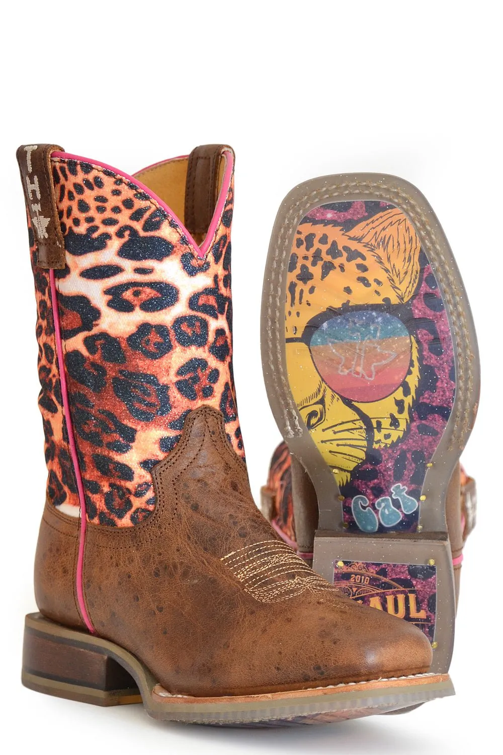 Tin Haul Kids Girls Marble Brown Leather Cheetah Sparkles Cowboy Boots