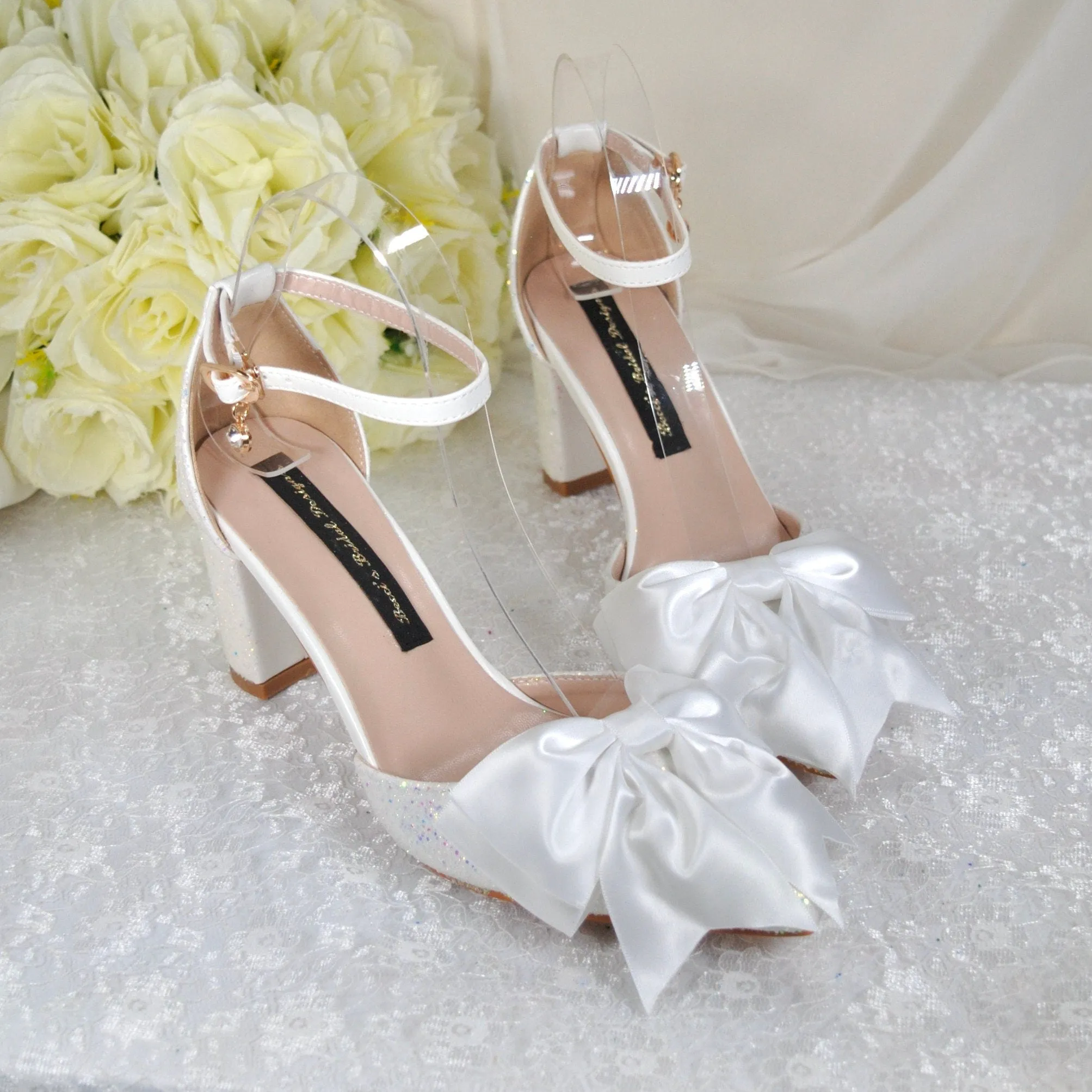 'UNICORN' Glitter Block Heels with Bow | 4cm, 7cm or 10cm Heel