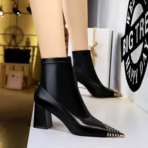 Winter Black PU Point Toe High Chunky Heel Calf Boots