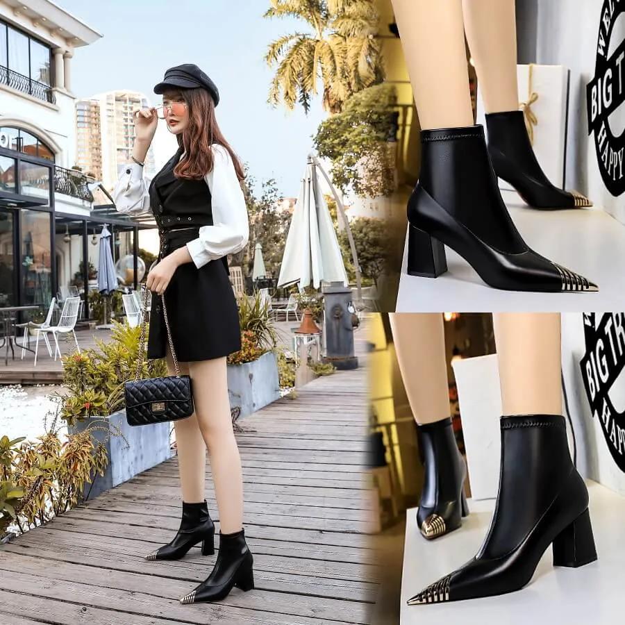 Winter Black PU Point Toe High Chunky Heel Calf Boots