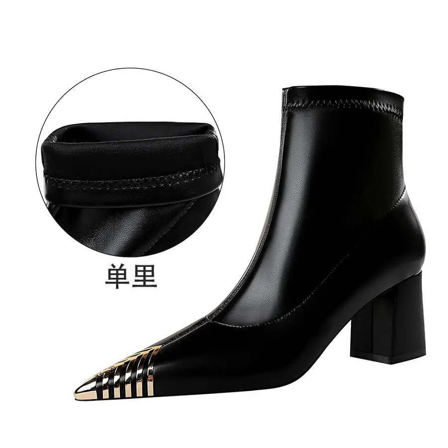 Winter Black PU Point Toe High Chunky Heel Calf Boots