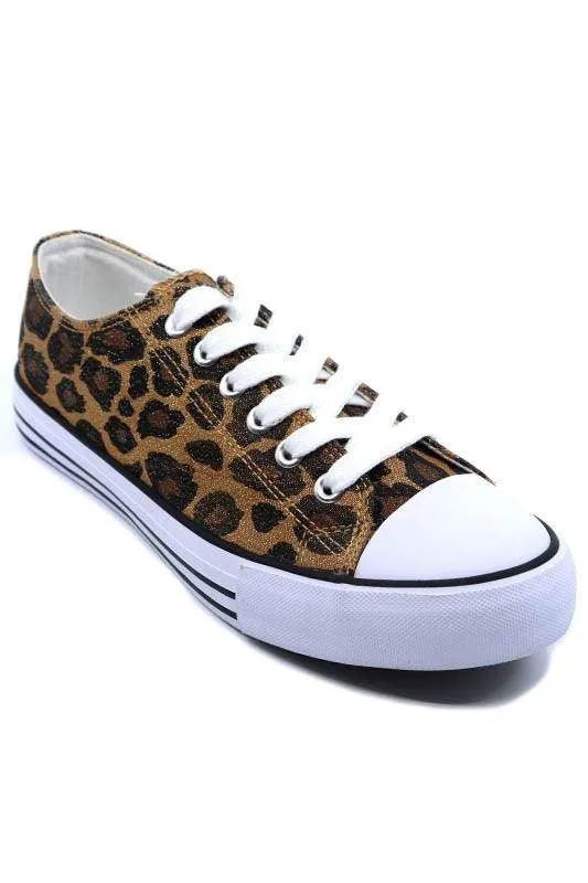 Woman Lace Up Flat Sneakers Black Leopard