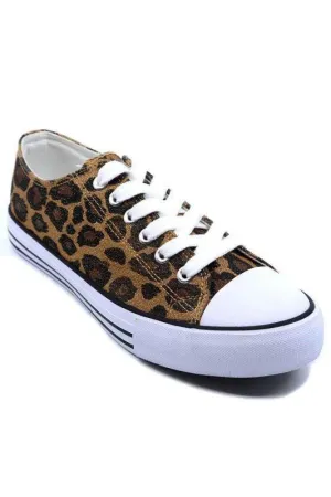 Woman Lace Up Flat Sneakers Black Leopard