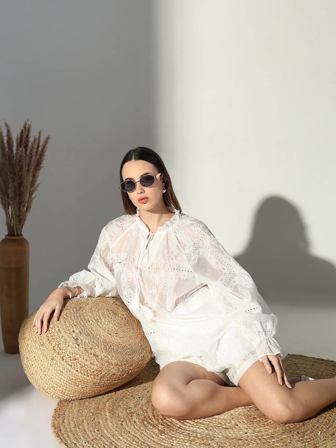 Women Embroidered White Co Ords Set