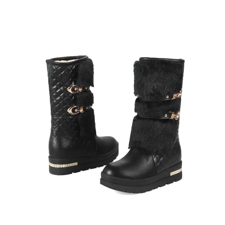 Women's fuzzy plush warm mid calf platform snow boots