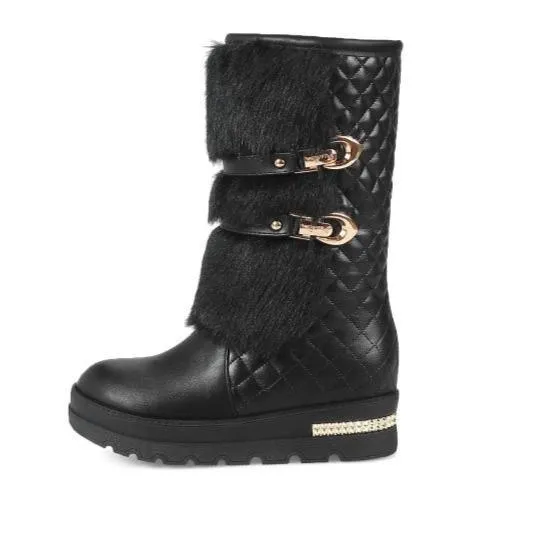 Women's fuzzy plush warm mid calf platform snow boots
