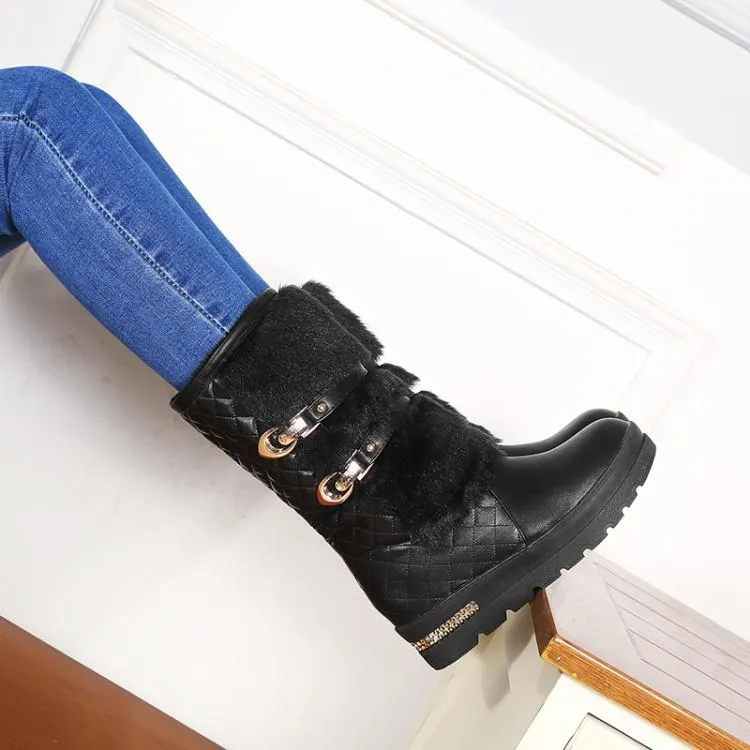 Women's fuzzy plush warm mid calf platform snow boots