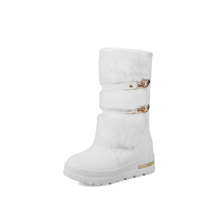 Women's fuzzy plush warm mid calf platform snow boots