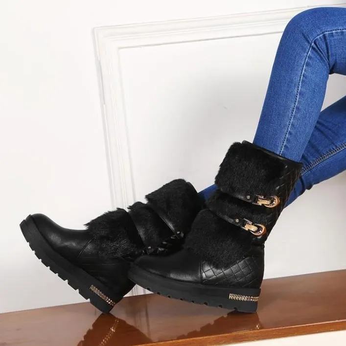 Women's fuzzy plush warm mid calf platform snow boots