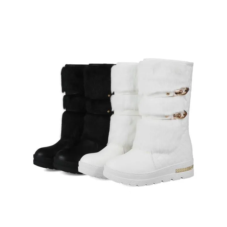 Women's fuzzy plush warm mid calf platform snow boots