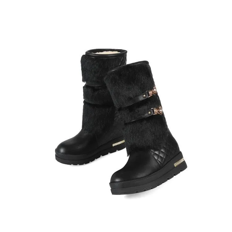 Women's fuzzy plush warm mid calf platform snow boots