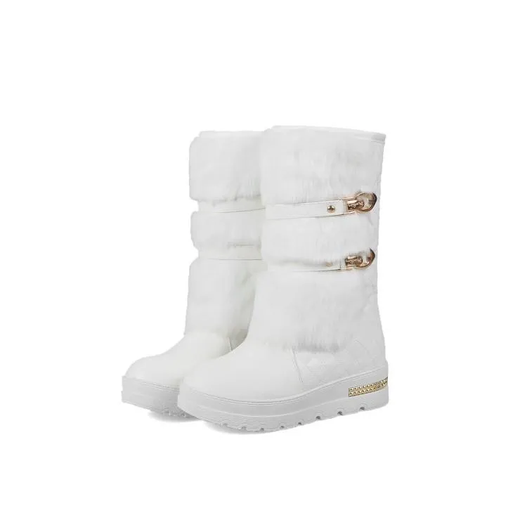 Women's fuzzy plush warm mid calf platform snow boots