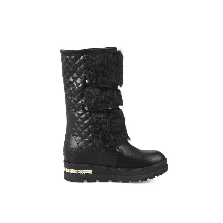 Women's fuzzy plush warm mid calf platform snow boots