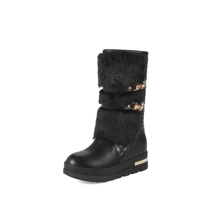 Women's fuzzy plush warm mid calf platform snow boots