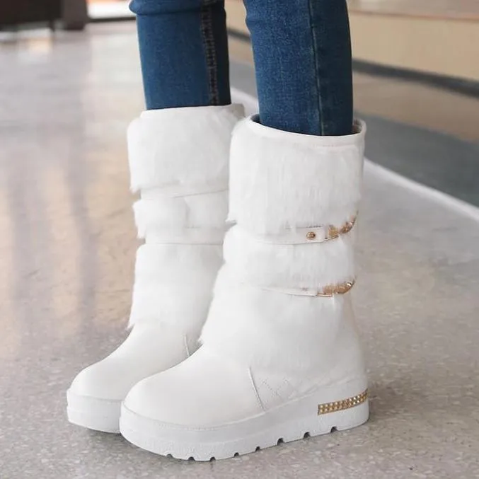 Women's fuzzy plush warm mid calf platform snow boots